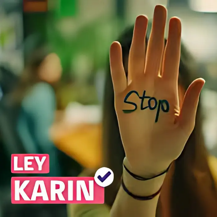 Investigación ley Karin. Una persona levanta la mano con el texto "Alto" sobre un fondo de oficina, con la descripción visual "LEY KARIN" y una marca de verificación al lado.