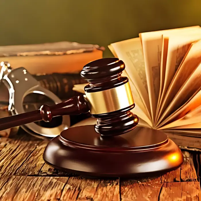 Mazo de juez y esposas sobre mesa de madera, representando el peritaje penal de arraigo social en tribunales de garantía de Chile.